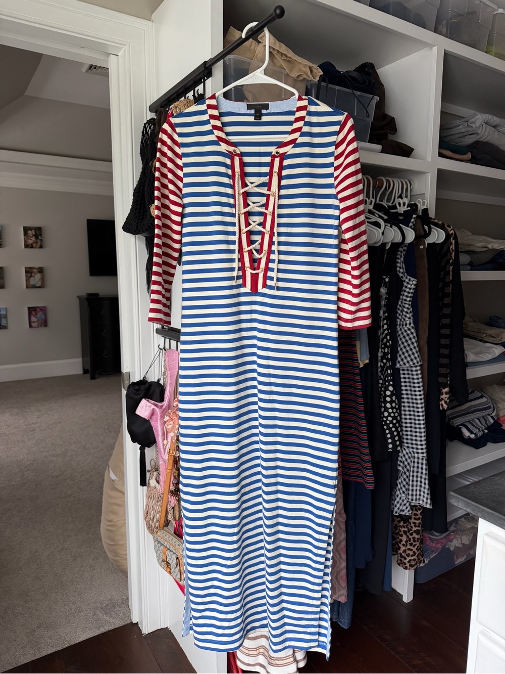 J. Crew Blue & White Striped Lace-Up Casual Dress with Red Striped Sleeves